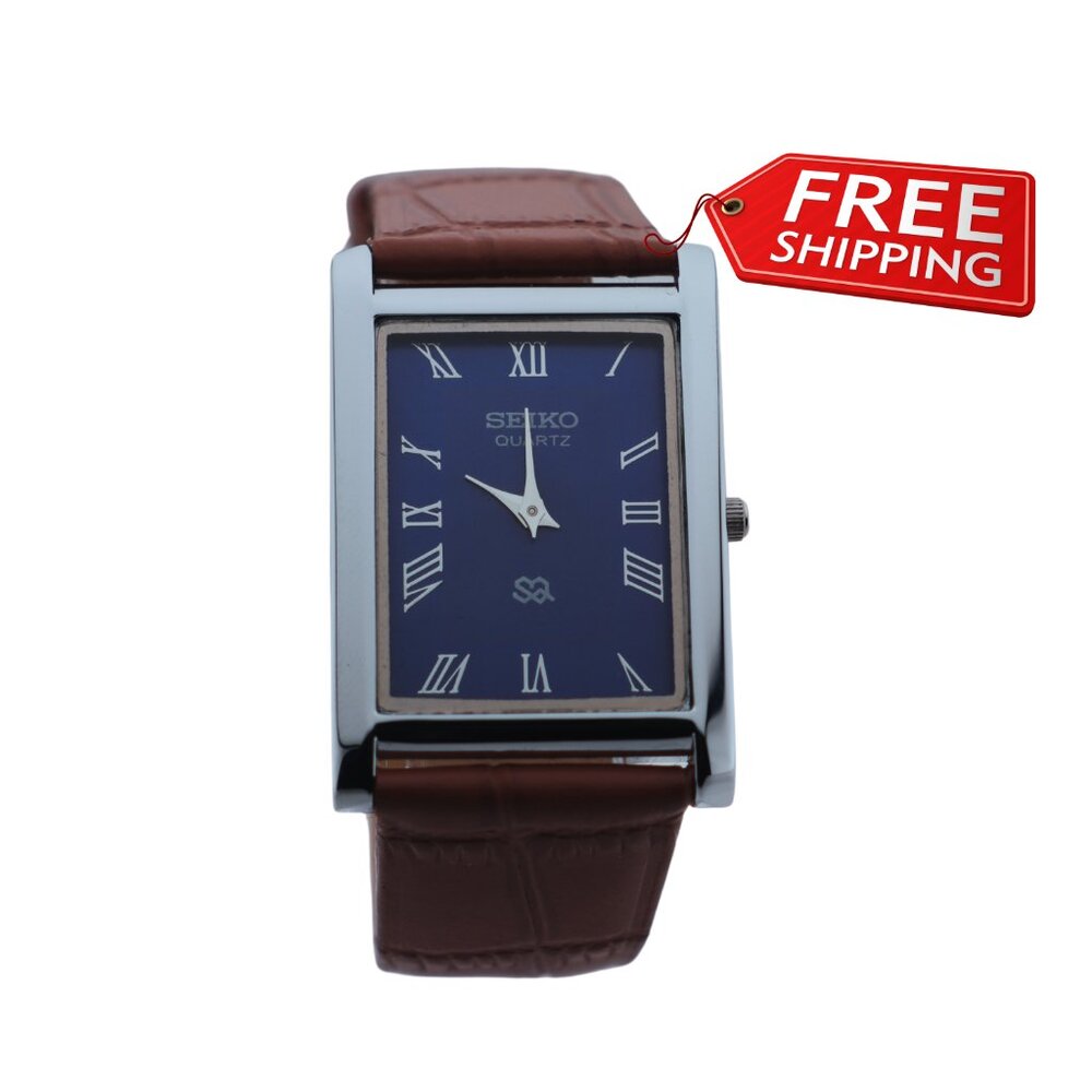 Seiko Slim Vintage Quartz Men's Wrist Watch Blue Dial with new Camel Strap